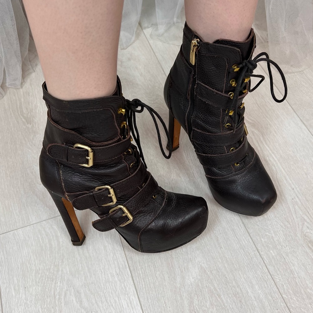 Brown Leather Lace Up Platform Combat Heels